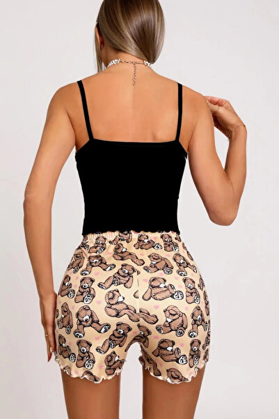 TeniModa Colorful Teddy Bear Patterned Women's Pajama Set with Suspender Shorts