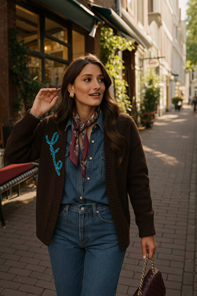GZ Design Blue Embroidered Brown Cardigan