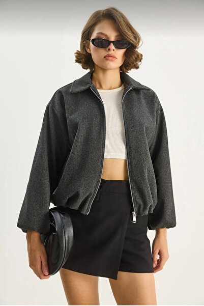 Safgiyim44 Lined Zippered Bomber Jacket with Elastic Waist