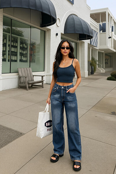 BANNY JEANS Pantaloni de damă, albastru bleumarin, cu talie înaltă