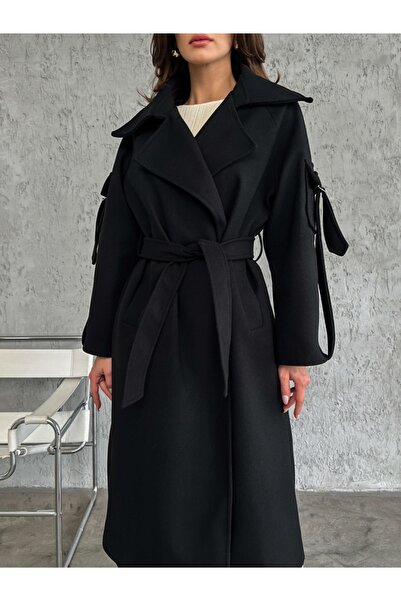 Elif Özbey Butik Siyah Kolları Cep Detaylı Premium Kaban