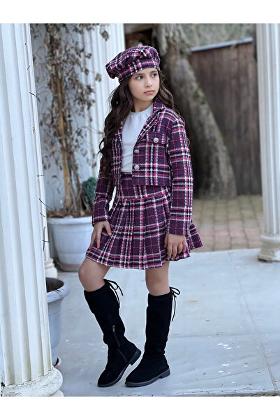 DUDOR KİDS Kız Çocuk Ekose Desenli Etek-ceket-bluz-ressam Şapka Dörtlü Takım-bayramlık