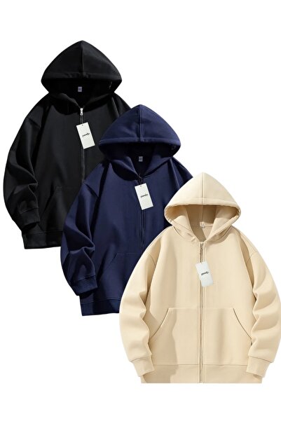 pandy 3'lü Cep Fermuları 2 İplik Şardonlu Oversize Unisex Fermuarlı Sweatshir...