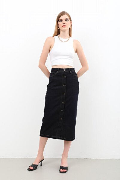 Bluewhite Fusta lungă din denim cu talie înaltă, cu nasturi în față