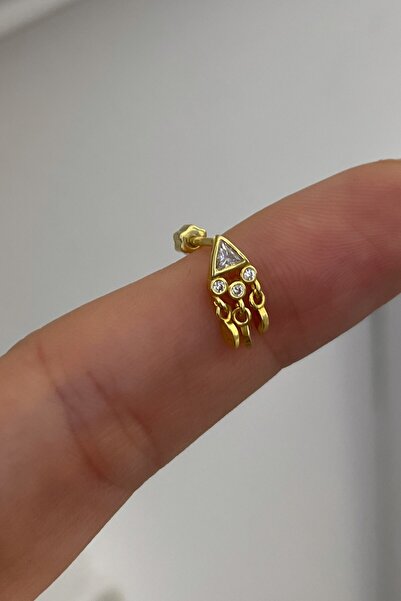 Siminkari 925 Ayar Gümüş Üzerine Mikron Altın Kaplama Üçgen Sallantılı Gold Piercing Tragus Helix