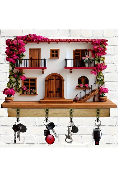 TuraLazerKesim 2D Düz, Çok Amaçlı Ahşap Anahtarlık, Dört Metal Kancalı, Duvar...