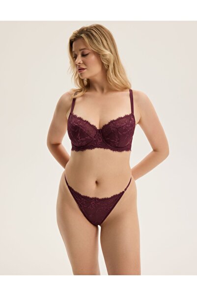 ESOTIQ Chiloți tanga pentru femei, din plasă, triunghi cu șnururi laterale, dantelă brodată | Cloe