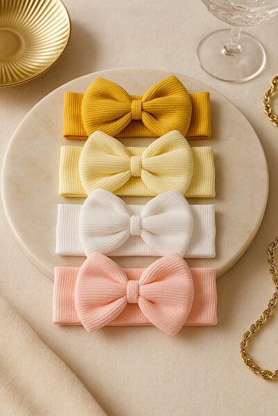 Pico Baby مجموعة من 4 قطع من باندانا ذات الطبقة المزدوجة على شكل فيونكة للفتيات الصغيرات والأطفال (الخردل/الليمون/الأبيض/البودرة)