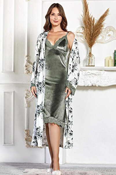 FLZ KADIN KADİFE SABAHLIK GECELİK İKİLİ TAKIM SET 32-40