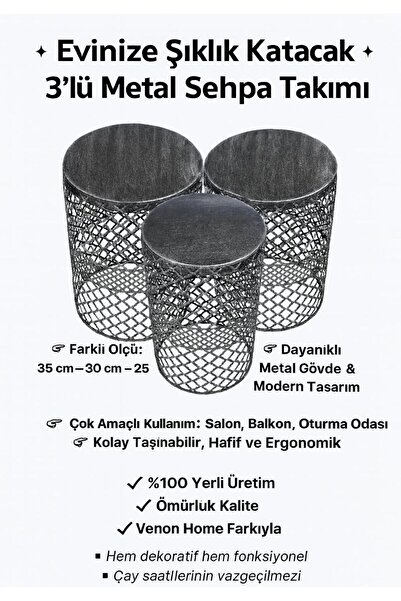 VENON 💎Metal Modern Sehpa 3'lü Takım💎Siyah Gümüş Patine (25,30 VE 35 CM ÇAP...