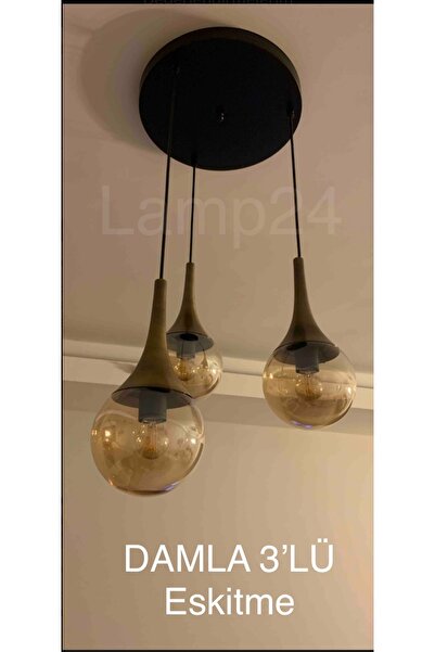 Lamp24 Damla Serisi 3’lü Bal Glop Camlı Modern Avize - Eskitme Kaplama