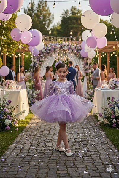 ABİYEKİDS Liliac cu mâneci cu umăr cu balon, rochie de bal cu paiete, rochie de seară pentru copii, 23 aprilie ABY150