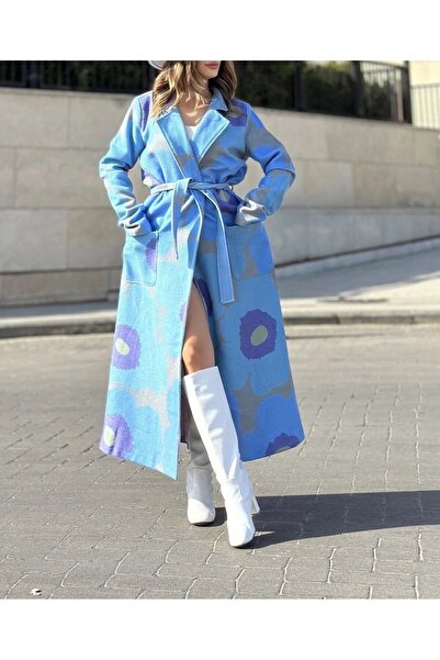 Pasaklı Giyim Design special pentru femei, cu căptușeală albastră, cu centură, model largi, imprimare digitală, haină lungă de cașmir 3491505