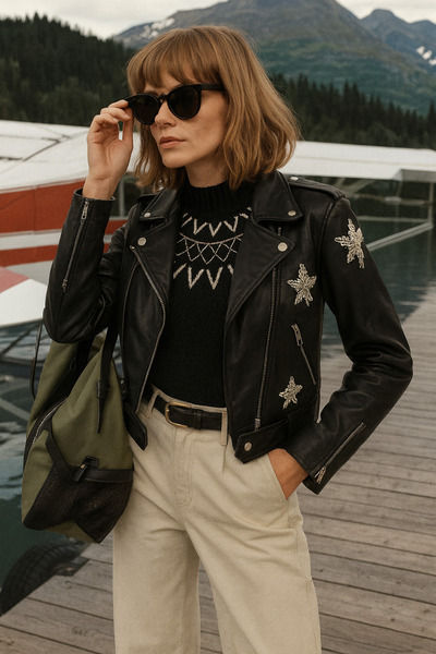 GZ Design Gümüş Yıldız Işlemeli Siyah Biker Deri Ceket