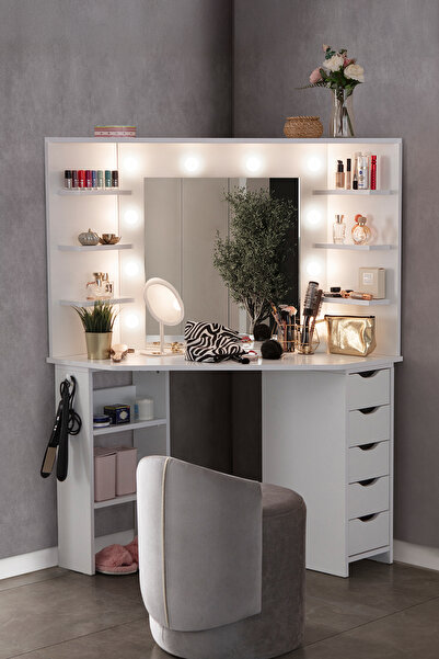 benim odam Diva Köşe Hollywood Led Işıklı Aynalı 5 Çekmeceli Kulis Köşe Makyaj Masası