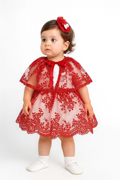 Hobidik Bebek Çocuk Kırmızı Pelerin Yakalı Kına Elbisesi