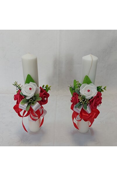 OEM Set 2 Lumanari Cununie diametru 6 cm, lungime 35 cm ornate cu trandafiri din latex si benzi de saten