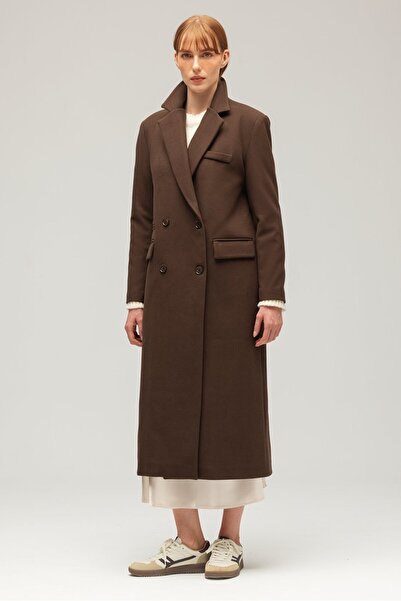 Saade Palton maro pentru femei, oversize, cu două piepturi, lung, țesut, cu detaliu de buzunar