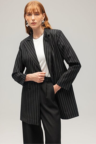 Saade Μαύρο ριγέ επαγγελματικό μπουφάν με διπλό στήθος που κλείνει