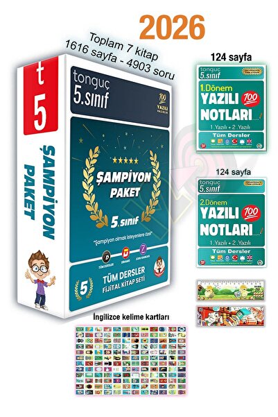 Tonguç Yayınları 5. Sınıf Şampiyon Paketi 1. 2. Dönem Yazılı Notları 2026 İngilizce Kelime Kartları