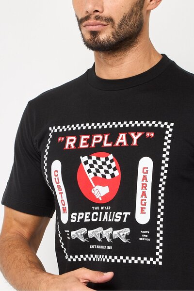 Replay Men Crew Neck Short Sleeve Graphic Print T-Shirt, Black