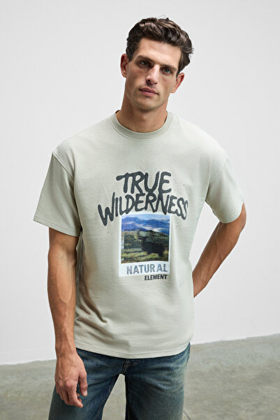 GRIMELANGE Wilder men's front printed 100% organic cotton oversize fit crew neck beige t-shirt