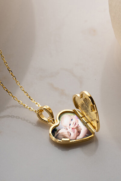 VAOOV 925 Ayar Gümüş Fotoğraflı Kişiye Özel İsimli Gold Kalp Kolye