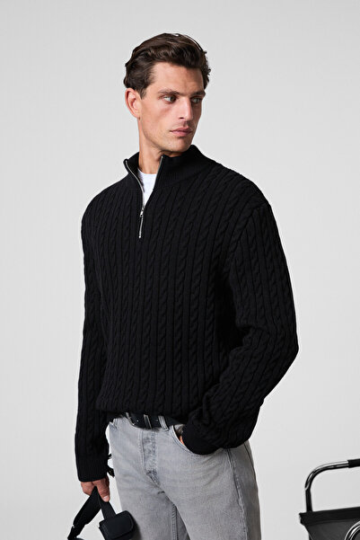 GRIMELANGE Ανδρικό πλεκτό πουλόβερ με μισό φερμουάρ IVAR με ριχτό γιακά και σχέδιο πλεξούδας μαλλιών