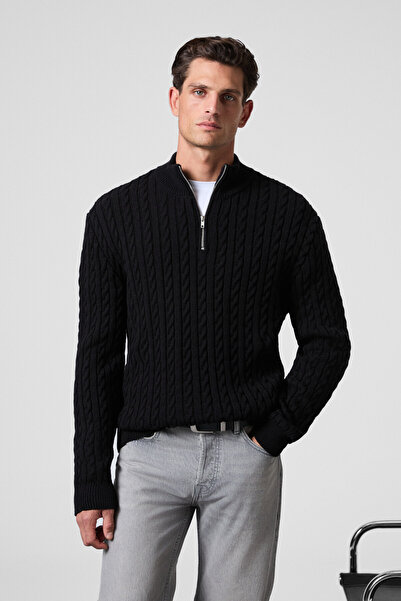 GRIMELANGE Ανδρικό πλεκτό πουλόβερ με μισό φερμουάρ IVAR με ριχτό γιακά και σχέδιο πλεξούδας μαλλιών