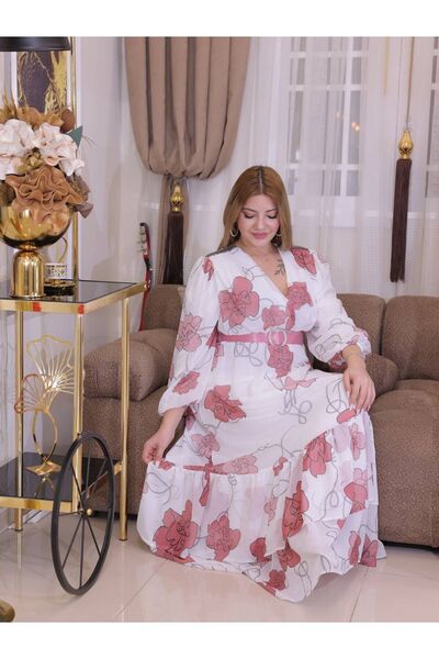 NHMODA Flower Patterned Belt Detailed Long Saw Dress