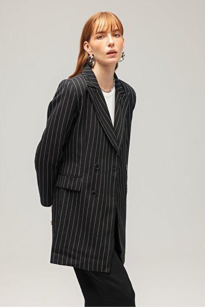 Saade Μαύρο ριγέ επαγγελματικό μπουφάν με διπλό στήθος που κλείνει