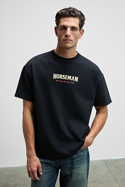 GRIMELANGE Horseman Men's Front and Back Printed Oversize Fit Crew Neck Black T-Shirt