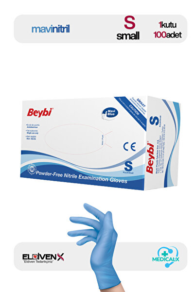 Beybi Pudrasız Mavi Nitril Muayene Eldiveni Small (100 Adet) S Beden