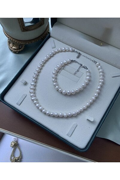 Taş-Mir 50cm - Sertifikalı 925 Ayar Gümüş Doğal 8mm İnci Kolye Bileklik Set