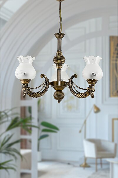 DEDE ÜÇ KOLLU METAL ESKİTME CADENA DÖKÜM ZAMAK AVİZE MAT BEYAZ CAMLI