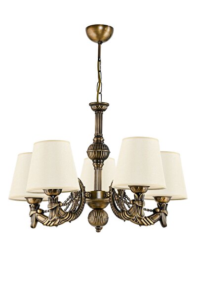 DEDE BEŞ KOLLU METAL ESKİTME CADENA DÖKÜM ZAMAK AVİZE KREM ŞAPKALI