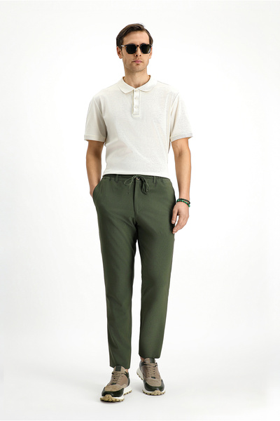 Kiğılı Super Slim Fit Ekstra Dar Kesim Beli Lastikli İpli Gofre Likralı Klasik Kumaş Pantolon