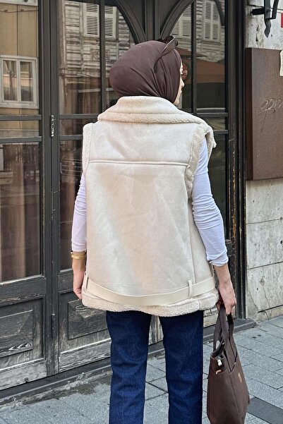 lamelif Μπεζ σουέντ γιλέκο - με λεπτομέρεια από γούνα