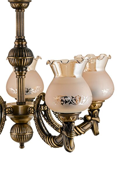 DEDE BEŞ KOLLU METAL ESKİTME CADENA DÖKÜM ZAMAK AVİZE MAT BAL CAMLI