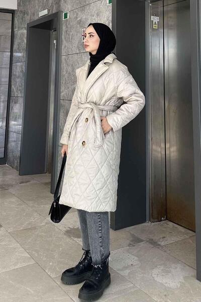 lamelif Μπουφάν με γιακά και καπιτονέ παλτό με ζώνη στη μέση Stone