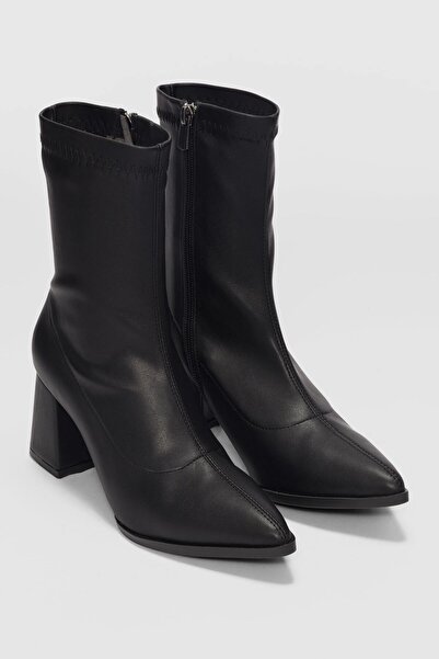 selin shoes Areson Kısa Topuklu Sivri Burun Streç Kadın Bot- SİYAH