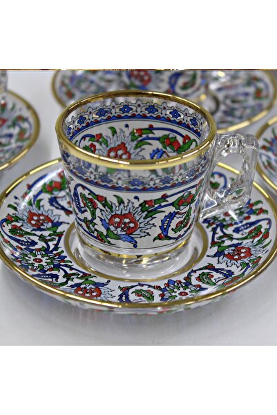 SAMSA Orjinal yaldız Çini model desenli klasik türk kahvesi cam fincan seti