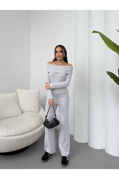 bemmoda Women's Madonna Collar Hooded Wide Ribbed Stretchy Blouse and Pants Set