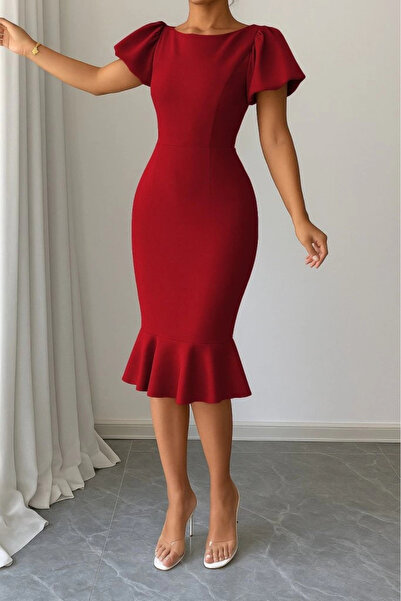 MODA Γυναικείο κοντομάνικο φόρεμα με στρογγυλή λαιμόκοψη Janjan Crepe