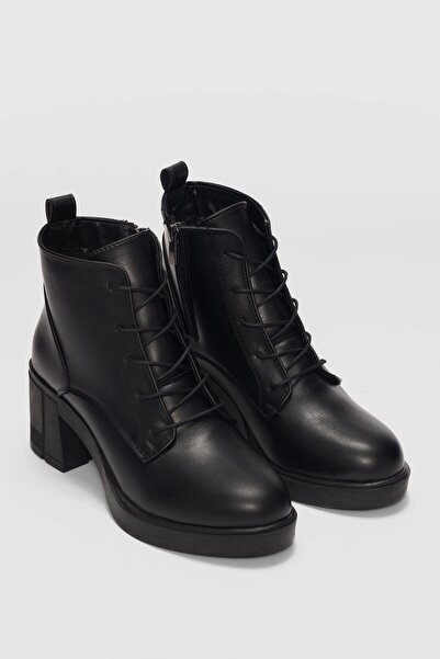 selinshoes Fendor Bağcık Detaylı Yandan Fermuarlı Kadın Bot- SİYAH