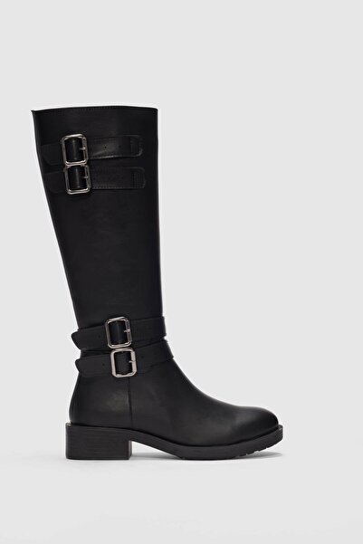 selinshoes Benny Bilek Çift Toka Detaylı Kadın Çizme-SİYAH