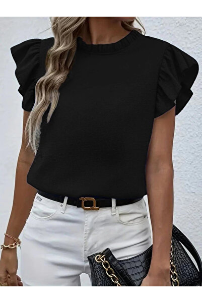 Melek Moda Women's Short Sleeve Ruffle Collar Wrap Blouse