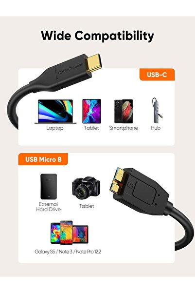 Genel Markalar Type C to Micro B 3.1 Kablo, Hızlı Veri Aktarım Kablosu Micro B Harici Harddisk Kablosu 1M