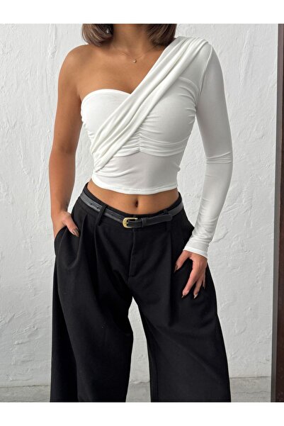 ELBEY Önü Dekolteli Büzgü Detaylı Tek Kol Uzun Kollu Bluz