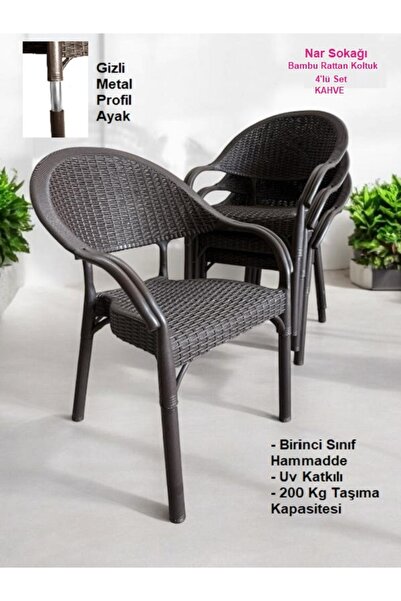 nar sokağı 4 Adet Capissi Bambu Rattan Kollu Sandalye Koltuk 4'lü Set